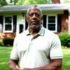 middle aged man of color in a polo or crewneck shirt in the front lawn of a modest house Average looking not muscley and not too good looking The image is more zoomed in on his face less of a house-1